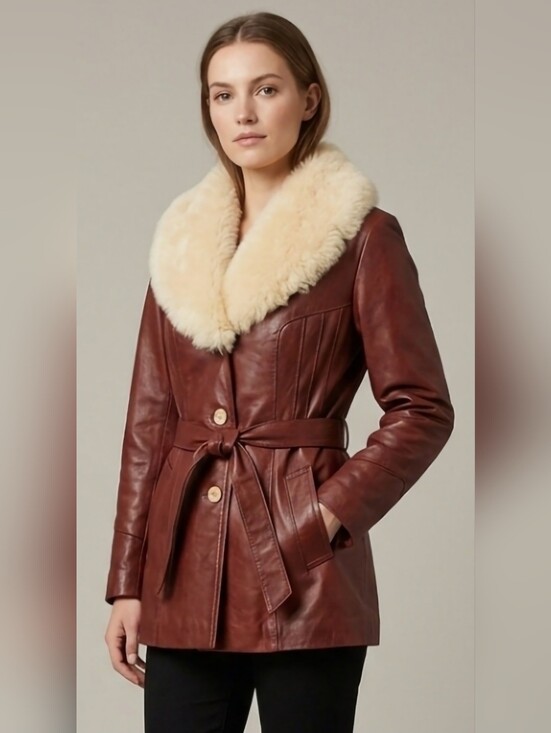 Vintage Jackets & Blazers - Vintage 70s Elegant Leather Women's Jacket Penny Lane Fur Collar  S  Burgundy**
